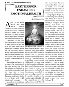 My published article on 'Easy Tips for enhancing Emotional Health'