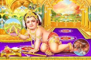 Picture of Lord Krishna looking at Satyuga and kicking Kaliyuga